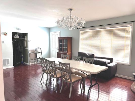 Chandelier, Dining room, Interior, Wood Texture Flooring