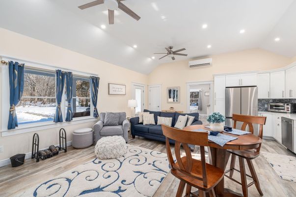 Dining room, Interior, Kitchen, Living room, Recessed Lighting, Stainless Steel Appliances, Wood Texture Flooring