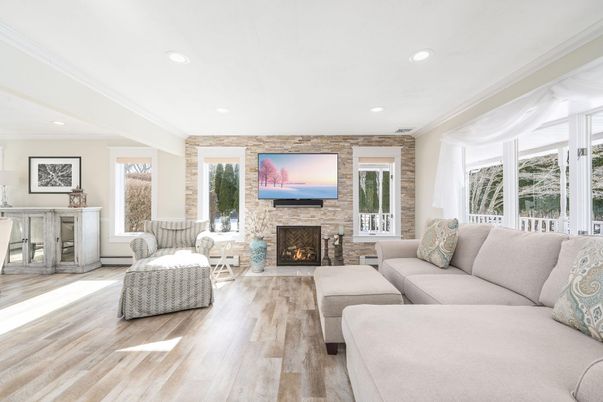 Fireplace, Interior, Living room, Recessed Lighting, Stone Walls, Wood Texture Flooring