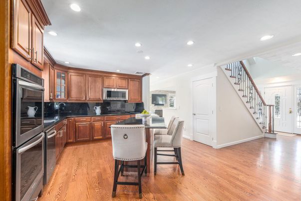 Dining room, Interior, Kitchen, Recessed Lighting, Stainless Steel Appliances, Wood Texture Flooring