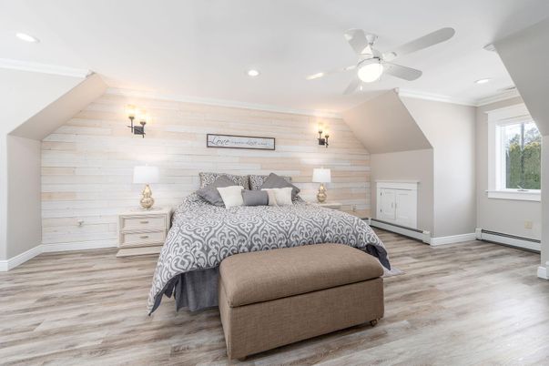 Bedroom, Interior, Recessed Lighting, Wood Texture Flooring, Wooden Walls