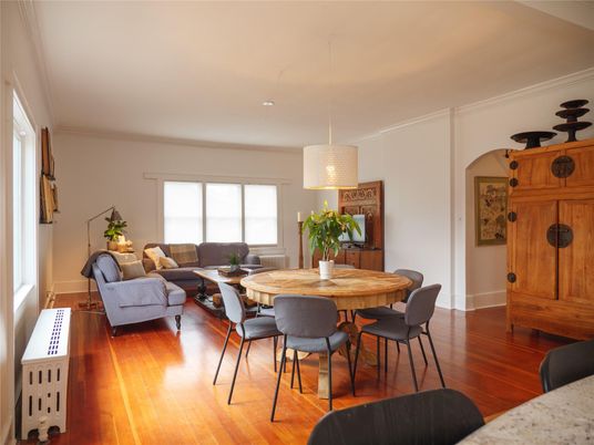 Dining room, Interior, Living room, Pendant Lights, Wood Texture Flooring