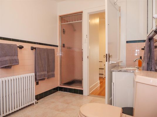 Bathroom, Glass Shower, Interior, Wood Texture Flooring
