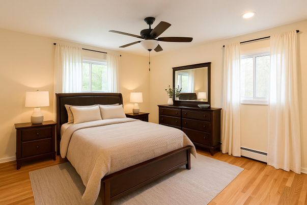 Bedroom, Interior, Recessed Lighting, Wood Texture Flooring
