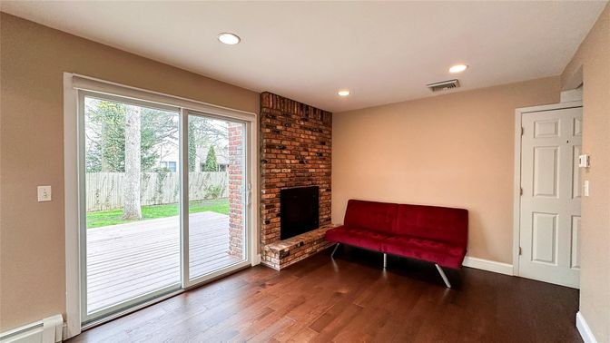 Fireplace, Interior, Recessed Lighting, Stone Walls, Wood Texture Flooring