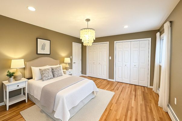 Bedroom, Chandelier, Interior, Recessed Lighting, Wood Texture Flooring