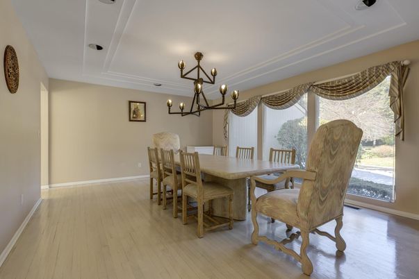 Chandelier, Dining room, Interior, Wood Texture Flooring
