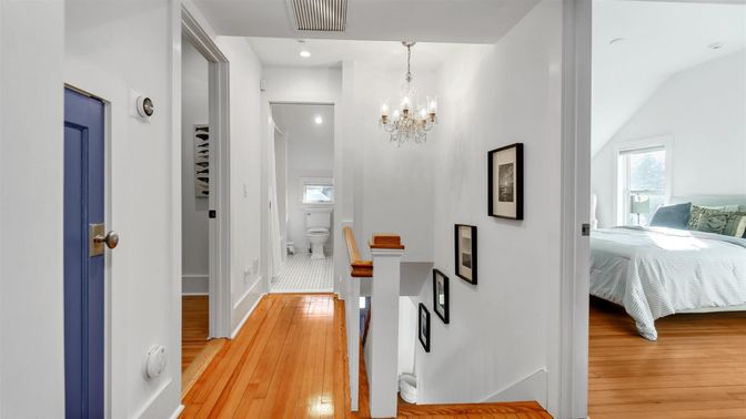 Bedroom, Chandelier, Interior, Recessed Lighting, Wood Texture Flooring