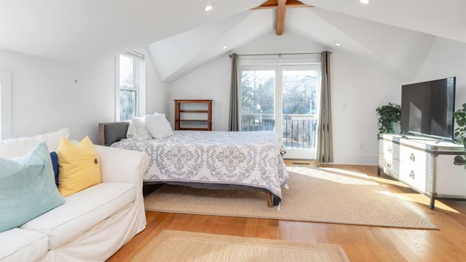 Bedroom, Interior, Recessed Lighting, Wooden Beams, Wood Texture Flooring