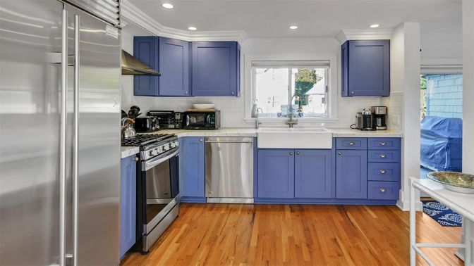 Interior, Kitchen, Recessed Lighting, Stainless Steel Appliances, Wood Texture Flooring