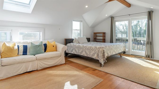 Bedroom, Interior, Recessed Lighting, Wooden Beams, Wood Texture Flooring