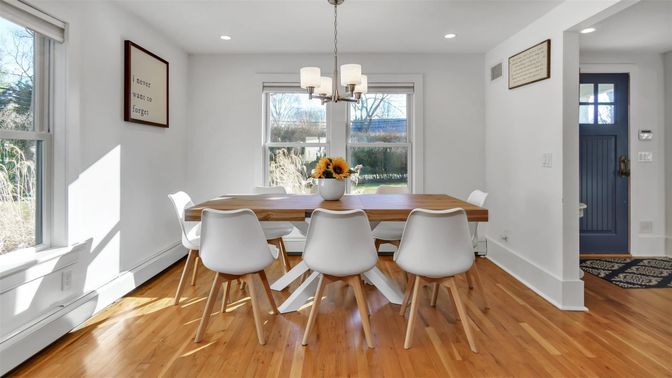 Dining room, Interior, Pendant Lights, Recessed Lighting, Wood Texture Flooring