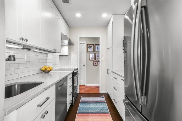 Interior, Kitchen, Recessed Lighting, Stainless Steel Appliances, Wood Texture Flooring