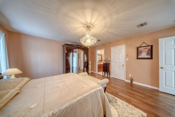 Bedroom, Chandelier, Interior, Wood Texture Flooring
