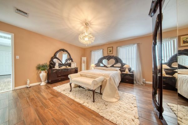 Bedroom, Chandelier, Interior, Wood Texture Flooring