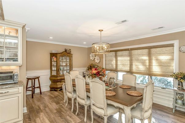 Dining room, Interior, Recessed Lighting, Wood Texture Flooring