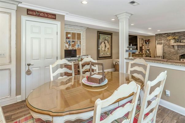 Dining room, Interior, Recessed Lighting, Stone Walls, Wood Texture Flooring