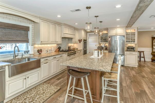 Interior, Kitchen, Pendant Lights, Recessed Lighting, Stainless Steel Appliances, Wooden Beams, Wood Texture Flooring