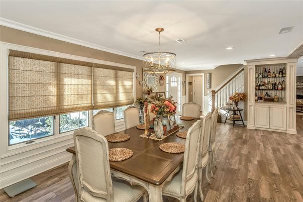 Dining room, Interior, Recessed Lighting, Wood Texture Flooring