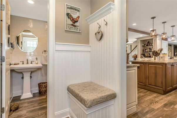 Bathroom, Interior, Pendant Lights, Recessed Lighting, Wood Texture Flooring