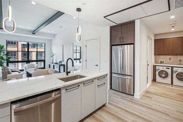 Interior, Kitchen, Pendant Lights, Recessed Lighting, Stainless Steel Appliances, Washer, Wood Texture Flooring