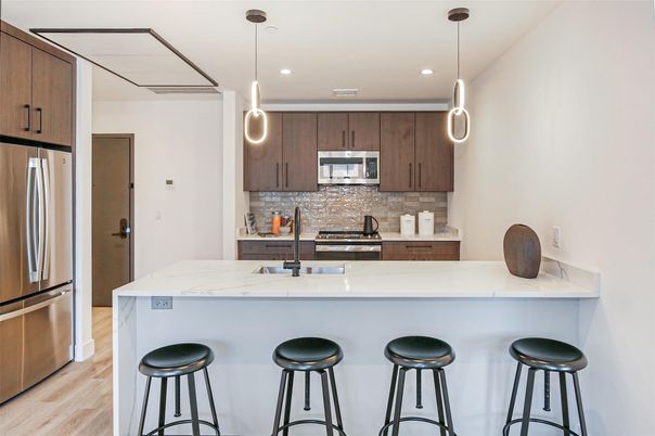 Interior, Kitchen, Pendant Lights, Recessed Lighting, Stainless Steel Appliances, Wood Texture Flooring