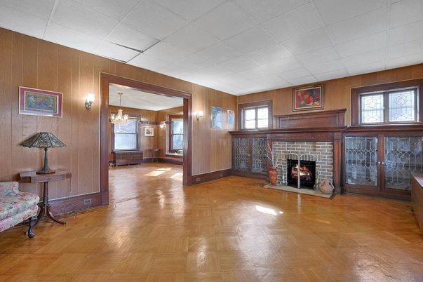 Chandelier, Empty room, Fireplace, Interior, Wood Texture Flooring, Wooden Walls