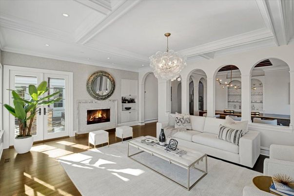 Chandelier, Dining room, Fireplace, Interior, Living room, Recessed Lighting, Wood Texture Flooring