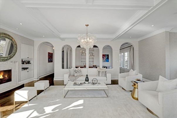 Chandelier, Dining room, Fireplace, Interior, Living room, Recessed Lighting, Wood Texture Flooring