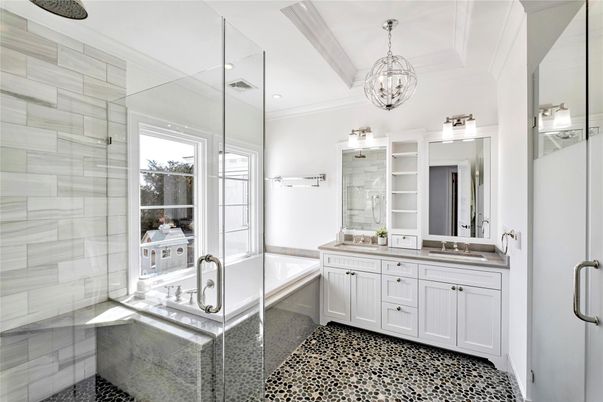 Bathroom, Chandelier, Dual Sink Vanities, Glass Shower, Interior, Pendant Lights, Recessed Lighting