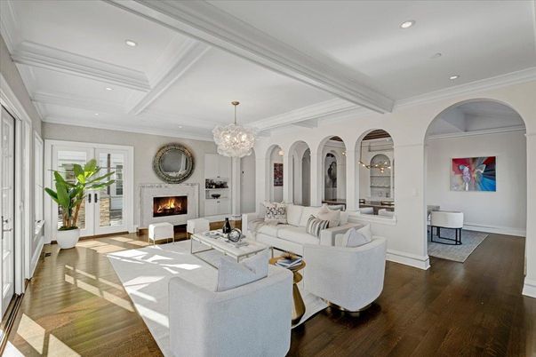Chandelier, Fireplace, Interior, Living room, Recessed Lighting, Wood Texture Flooring