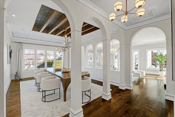 Dining room, Interior, Pendant Lights, Recessed Lighting, Wood Texture Flooring