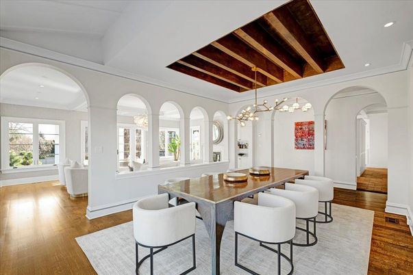 Dining room, Interior, Pendant Lights, Recessed Lighting, Wooden Beams, Wood Texture Flooring