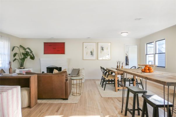Dining room, Fireplace, Interior, Living room, Wood Texture Flooring