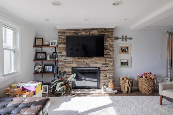 Fireplace, Interior, Recessed Lighting, Stone Walls