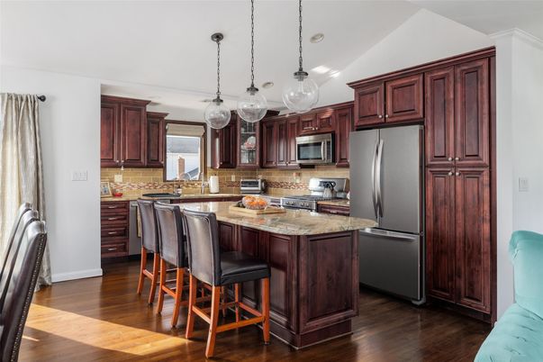 Interior, Kitchen, Pendant Lights, Recessed Lighting, Stainless Steel Appliances, Wood Texture Flooring