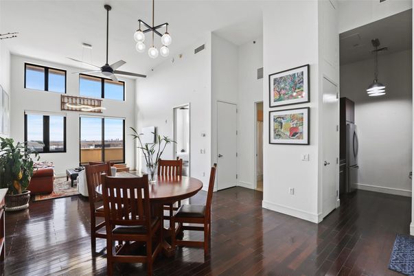 Dining room, Interior, Living room, Pendant Lights, Wood Texture Flooring