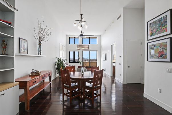 Dining room, Interior, Pendant Lights, Wood Texture Flooring