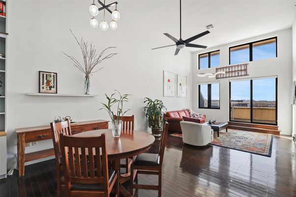 Dining room, Interior, Living room, Pendant Lights, Wood Texture Flooring