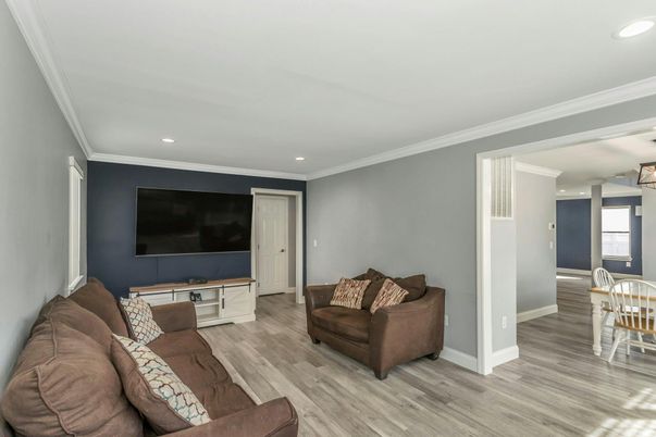 Dining room, Interior, Living room, Recessed Lighting, Wood Texture Flooring