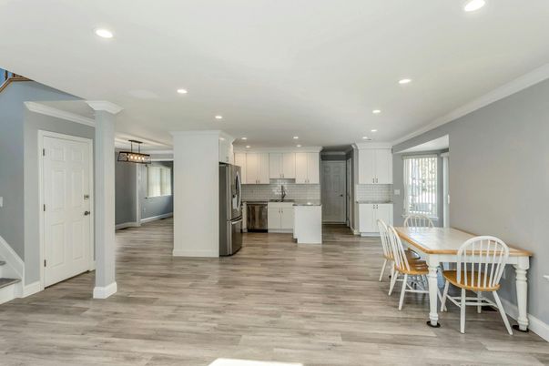 Dining room, Interior, Kitchen, Pendant Lights, Recessed Lighting, Stainless Steel Appliances, Wood Texture Flooring
