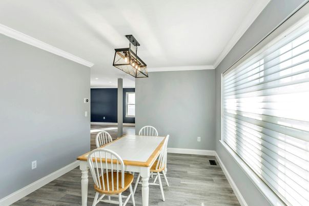 Dining room, Interior, Recessed Lighting, Wood Texture Flooring