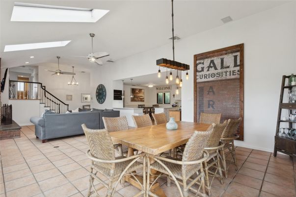 Dining room, Interior, Living room, Pendant Lights, Recessed Lighting, Stone Walls
