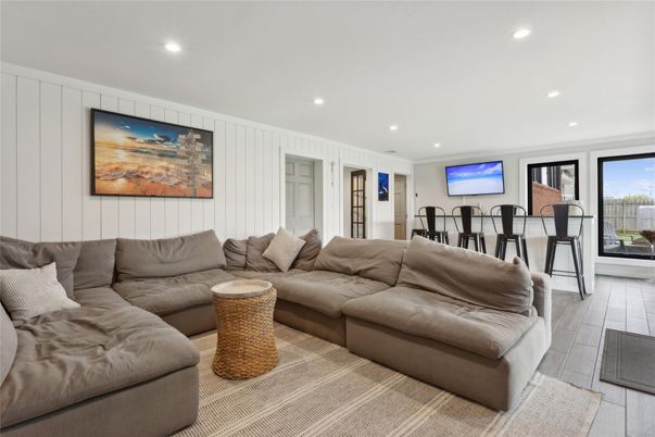 Dining room, Interior, Living room, Recessed Lighting, Wood Texture Flooring