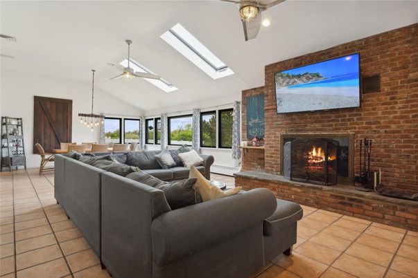 Dining room, Fireplace, Interior, Living room, Pendant Lights, Stone Walls