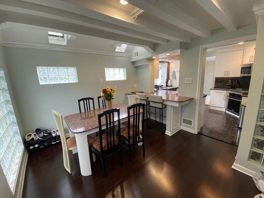 Dining room, Interior, Kitchen, Recessed Lighting, Wood Texture Flooring