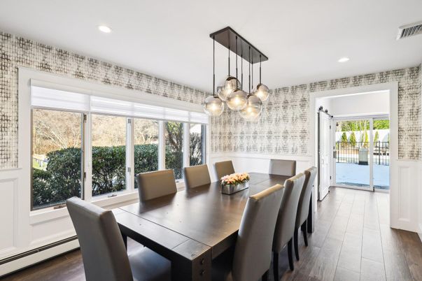 Dining room, Interior, Pendant Lights, Recessed Lighting, Wood Texture Flooring