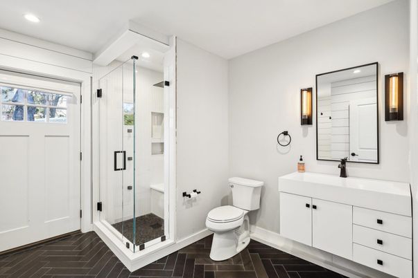 Bathroom, Glass Shower, Interior, Recessed Lighting, Wood Texture Flooring