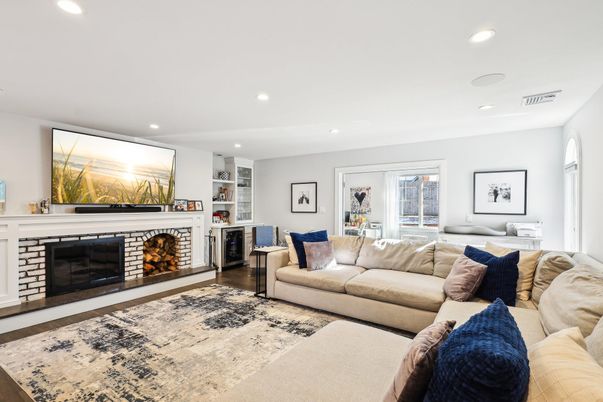 Fireplace, Interior, Living room, Recessed Lighting, Wood Texture Flooring