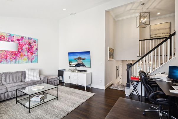 Home Office, Interior, Living room, Pendant Lights, Recessed Lighting, Wood Texture Flooring